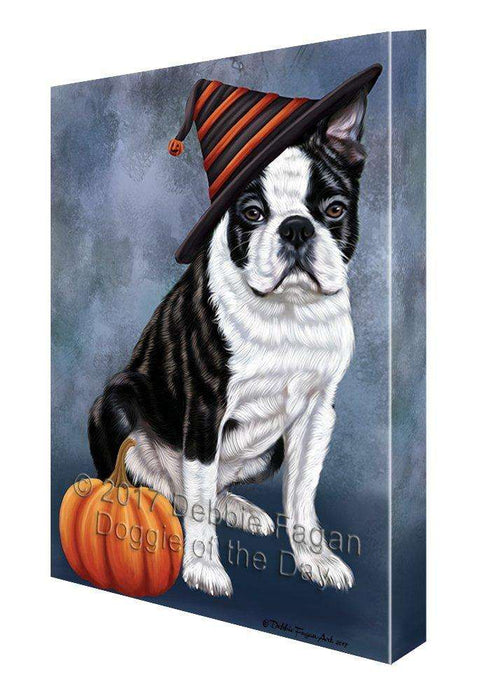 Happy Halloween Boston Terriers Dog Wearing Witch Hat with Pumpkin Canvas Wall Art