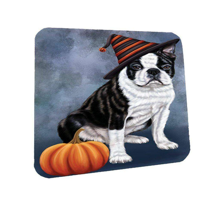Happy Halloween Boston Terriers Dog Wearing Witch Hat with Pumpkin Coasters Set of 4
