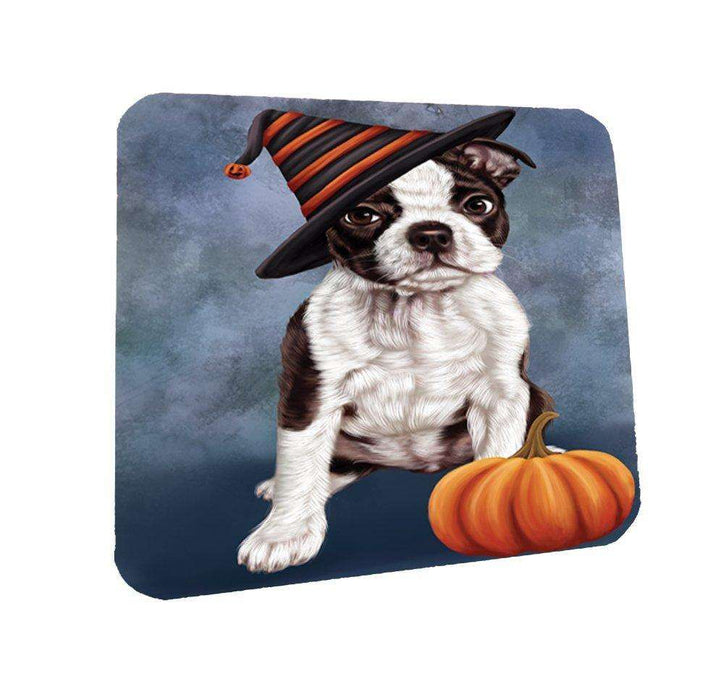 Happy Halloween Boston Terriers Dog Wearing Witch Hat with Pumpkin Coasters Set of 4