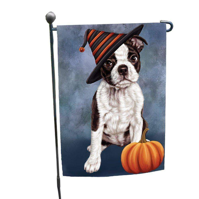 Happy Halloween Boston Terriers Dog Wearing Witch Hat with Pumpkin Garden Flag