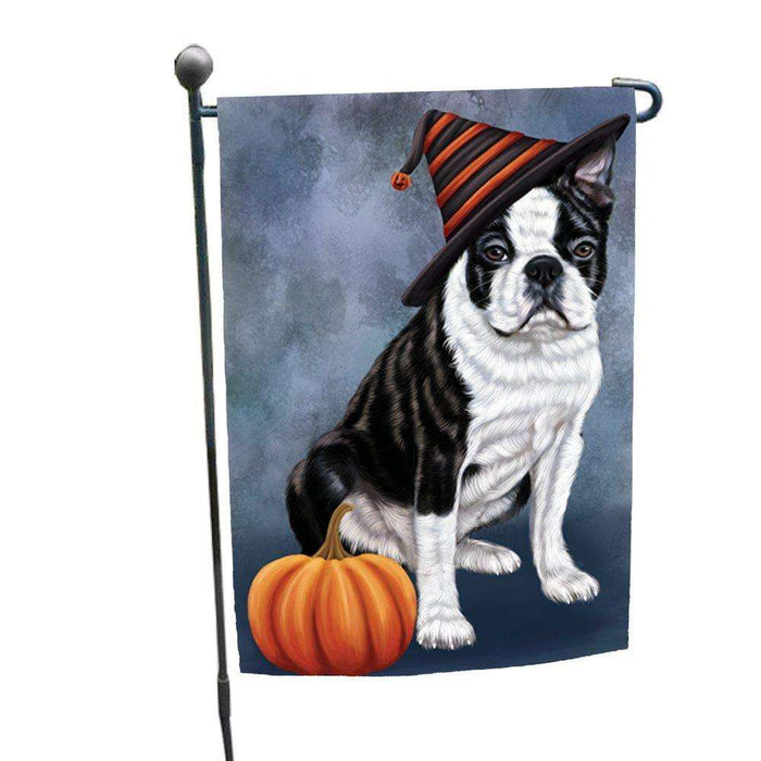 Happy Halloween Boston Terriers Dog Wearing Witch Hat with Pumpkin Garden Flag