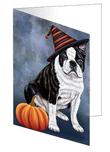 Happy Halloween Boston Terriers Dog Wearing Witch Hat with Pumpkin Handmade Artwork Assorted Pets Greeting Cards and Note Cards with Envelopes for All Occasions and Holiday Seasons