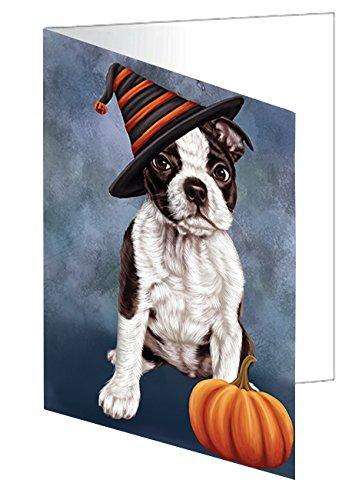 Happy Halloween Boston Terriers Dog Wearing Witch Hat with Pumpkin Handmade Artwork Assorted Pets Greeting Cards and Note Cards with Envelopes for All Occasions and Holiday Seasons