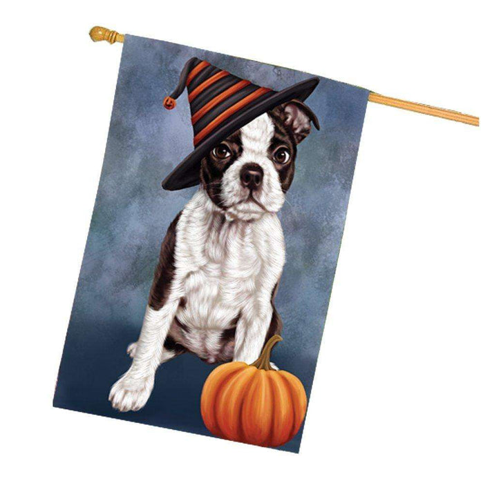Happy Halloween Boston Terriers Dog Wearing Witch Hat with Pumpkin House Flag