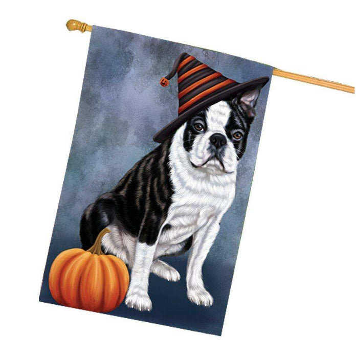 Happy Halloween Boston Terriers Dog Wearing Witch Hat with Pumpkin House Flag