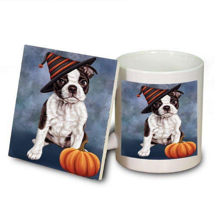 Happy Halloween Boston Terriers Dog Wearing Witch Hat with Pumpkin Mug and Coaster Set