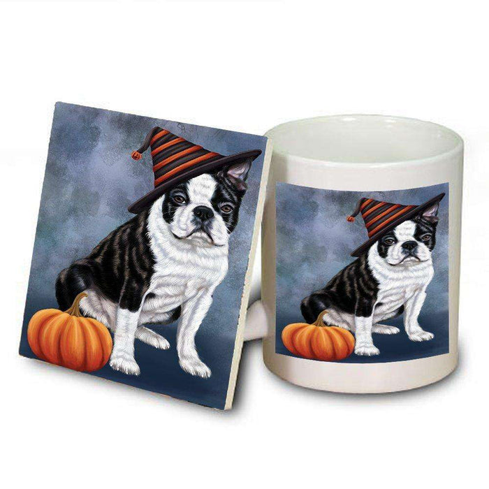 Happy Halloween Boston Terriers Dog Wearing Witch Hat with Pumpkin Mug and Coaster Set