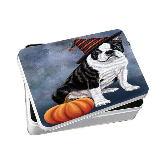 Happy Halloween Boston Terriers Dog Wearing Witch Hat with Pumpkin Photo Storage Tin