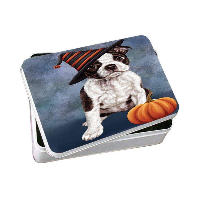 Happy Halloween Boston Terriers Dog Wearing Witch Hat with Pumpkin Photo Storage Tin