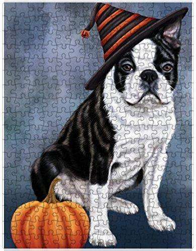 Happy Halloween Boston Terriers Dog Wearing Witch Hat with Pumpkin Puzzle with Photo Tin