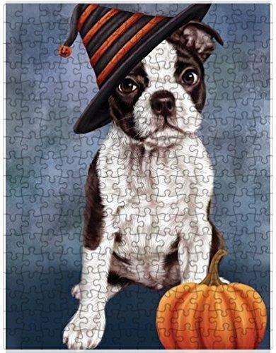 Happy Halloween Boston Terriers Dog Wearing Witch Hat with Pumpkin Puzzle with Photo Tin
