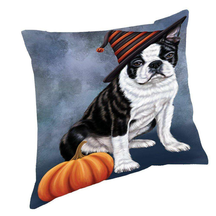 Happy Halloween Boston Terriers Dog Wearing Witch Hat with Pumpkin Throw Pillow