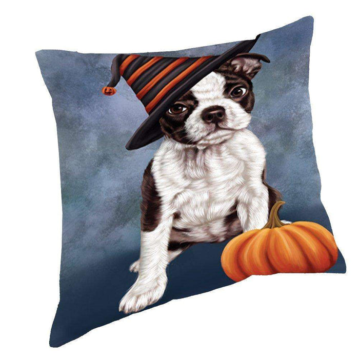 Happy Halloween Boston Terriers Dog Wearing Witch Hat with Pumpkin Throw Pillow