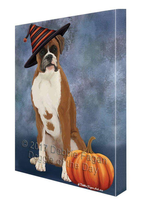 Happy Halloween Boxer Dog Wearing Witch Hat with Pumpkin Canvas Wall Art