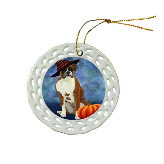 Happy Halloween Boxer Dog Wearing Witch Hat with Pumpkin Ceramic Doily Ornament DPOR55064