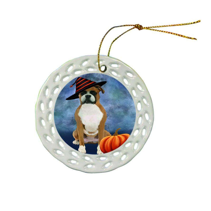 Happy Halloween Boxer Dog Wearing Witch Hat with Pumpkin Ceramic Doily Ornament DPOR55065