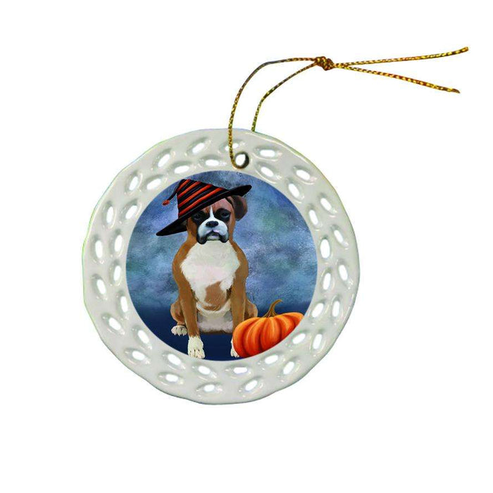 Happy Halloween Boxer Dog Wearing Witch Hat with Pumpkin Ceramic Doily Ornament DPOR55066
