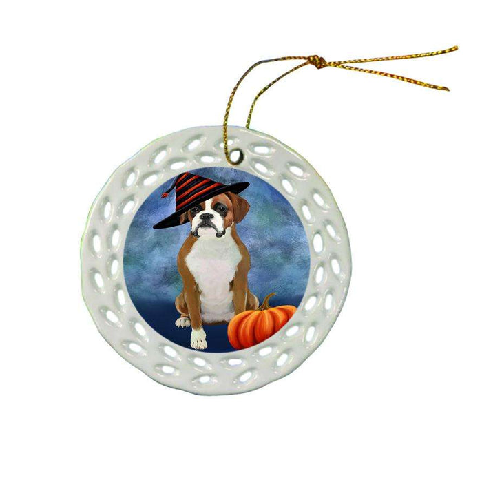 Happy Halloween Boxer Dog Wearing Witch Hat with Pumpkin Ceramic Doily Ornament DPOR55067
