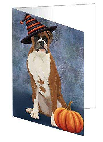Happy Halloween Boxer Dog Wearing Witch Hat with Pumpkin Handmade Artwork Assorted Pets Greeting Cards and Note Cards with Envelopes for All Occasions and Holiday Seasons D464