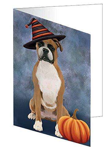 Happy Halloween Boxer Dog Wearing Witch Hat with Pumpkin Handmade Artwork Assorted Pets Greeting Cards and Note Cards with Envelopes for All Occasions and Holiday Seasons D465