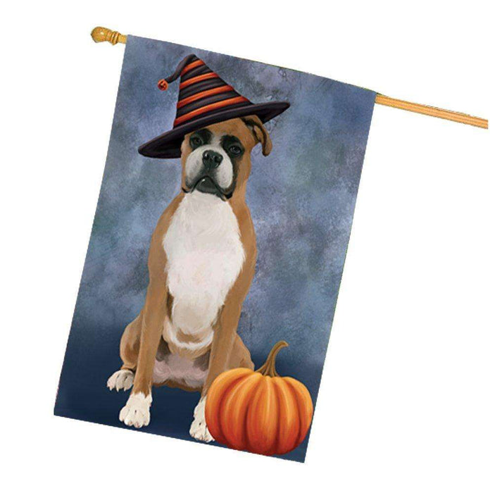 Happy Halloween Boxer Dog Wearing Witch Hat with Pumpkin House Flag