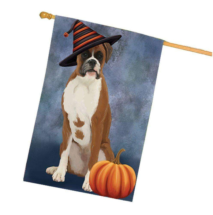 Happy Halloween Boxer Dog Wearing Witch Hat with Pumpkin House Flag