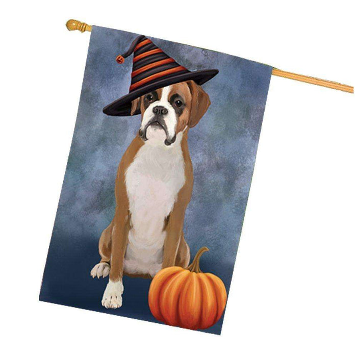 Happy Halloween Boxer Dog Wearing Witch Hat with Pumpkin House Flag