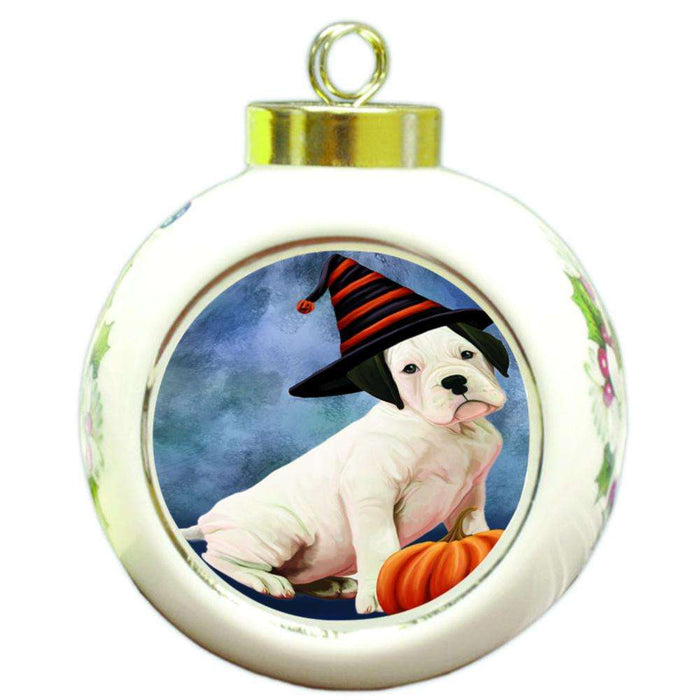 Happy Halloween Boxer Dog Wearing Witch Hat with Pumpkin Round Ball Christmas Ornament RBPOR54886
