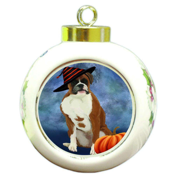Happy Halloween Boxer Dog Wearing Witch Hat with Pumpkin Round Ball Christmas Ornament RBPOR55064
