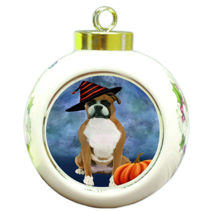 Happy Halloween Boxer Dog Wearing Witch Hat with Pumpkin Round Ball Christmas Ornament RBPOR55065