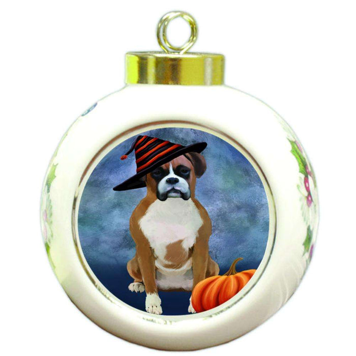 Happy Halloween Boxer Dog Wearing Witch Hat with Pumpkin Round Ball Christmas Ornament RBPOR55066