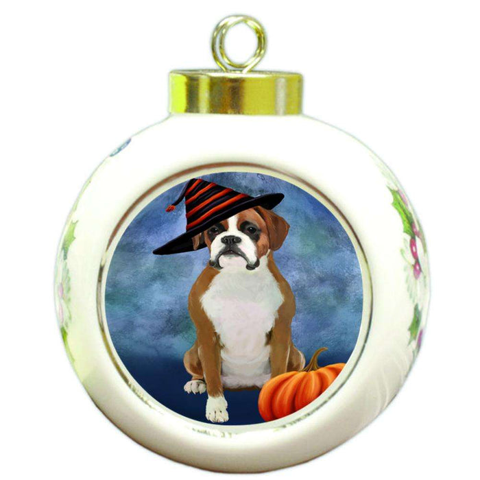 Happy Halloween Boxer Dog Wearing Witch Hat with Pumpkin Round Ball Christmas Ornament RBPOR55067