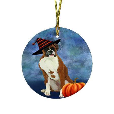 Happy Halloween Boxer Dog Wearing Witch Hat with Pumpkin Round Flat Christmas Ornament RFPOR55055