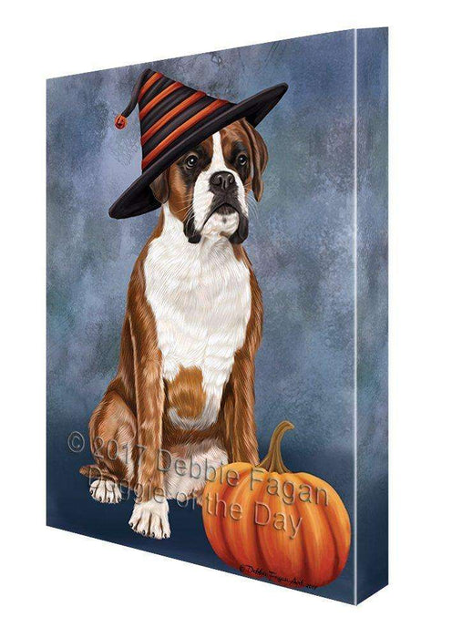 Happy Halloween Boxers Dog Wearing Witch Hat with Pumpkin Canvas Wall Art