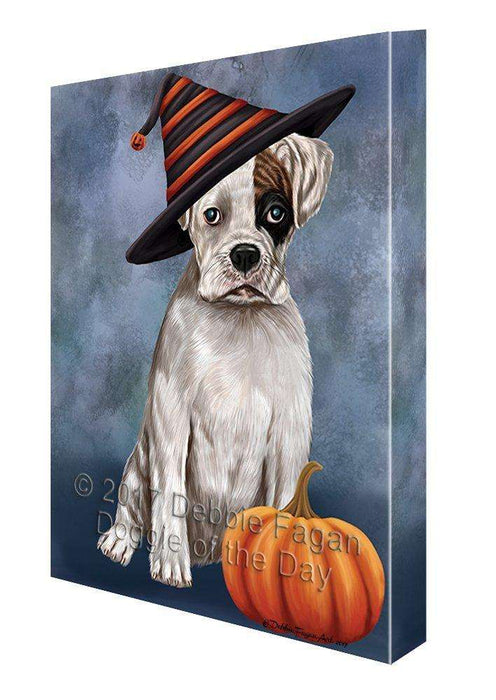 Happy Halloween Boxers Dog Wearing Witch Hat with Pumpkin Canvas Wall Art