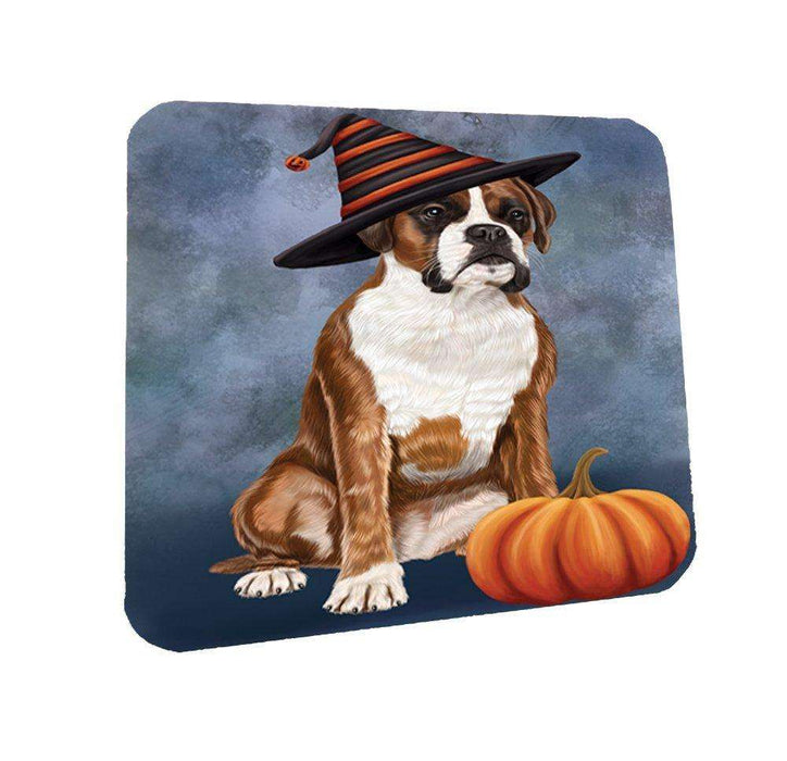 Happy Halloween Boxers Dog Wearing Witch Hat with Pumpkin Coasters Set of 4