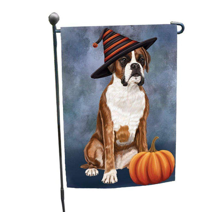 Happy Halloween Boxers Dog Wearing Witch Hat with Pumpkin Garden Flag