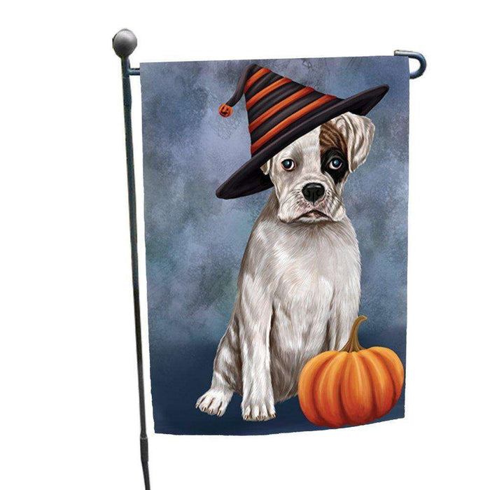 Happy Halloween Boxers Dog Wearing Witch Hat with Pumpkin Garden Flag