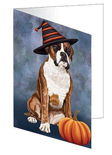 Happy Halloween Boxers Dog Wearing Witch Hat with Pumpkin Handmade Artwork Assorted Pets Greeting Cards and Note Cards with Envelopes for All Occasions and Holiday Seasons