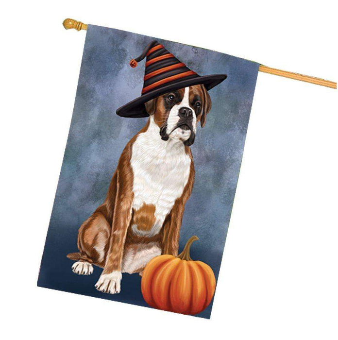 Happy Halloween Boxers Dog Wearing Witch Hat with Pumpkin House Flag