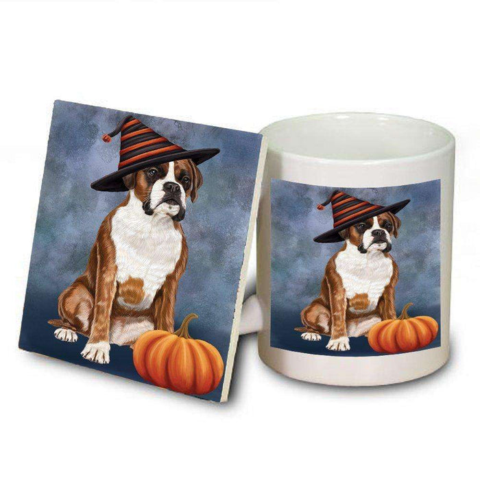 Happy Halloween Boxers Dog Wearing Witch Hat with Pumpkin Mug and Coaster Set