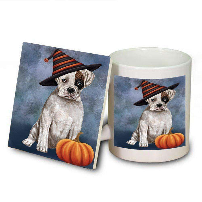 Happy Halloween Boxers Dog Wearing Witch Hat with Pumpkin Mug and Coaster Set