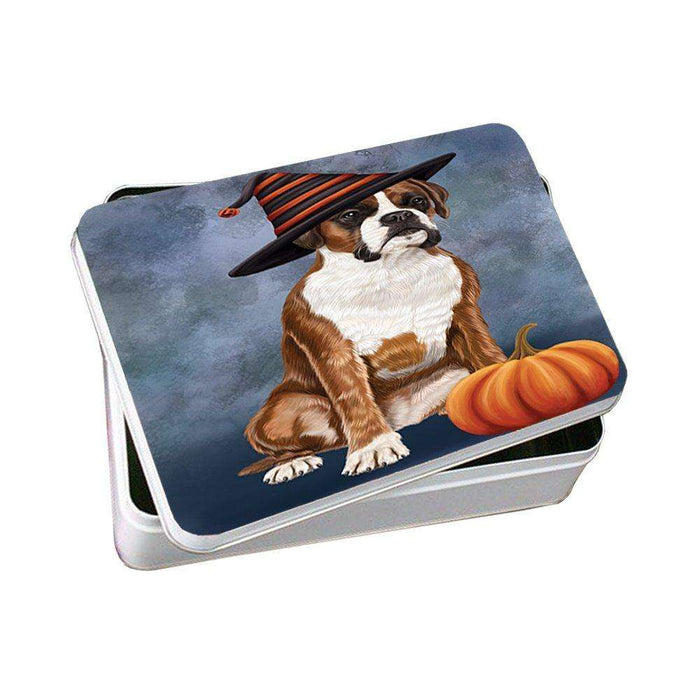 Happy Halloween Boxers Dog Wearing Witch Hat with Pumpkin Photo Storage Tin