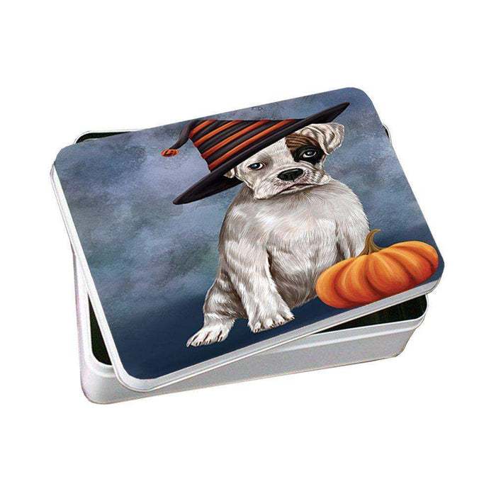 Happy Halloween Boxers Dog Wearing Witch Hat with Pumpkin Photo Storage Tin