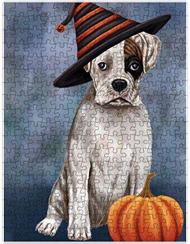 Happy Halloween Boxers Dog Wearing Witch Hat with Pumpkin Puzzle with Photo Tin