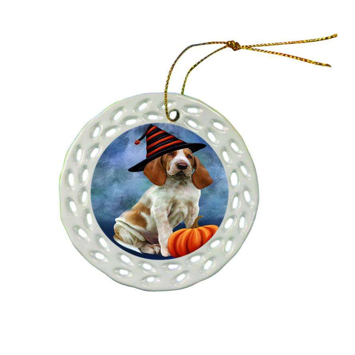 Happy Halloween Bracco Dog Wearing Witch Hat with Pumpkin Ceramic Doily Ornament DPOR54995