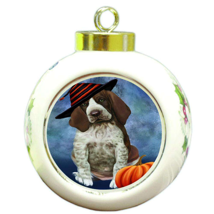 Happy Halloween Bracco Dog Wearing Witch Hat with Pumpkin Round Ball Christmas Ornament RBPOR54994