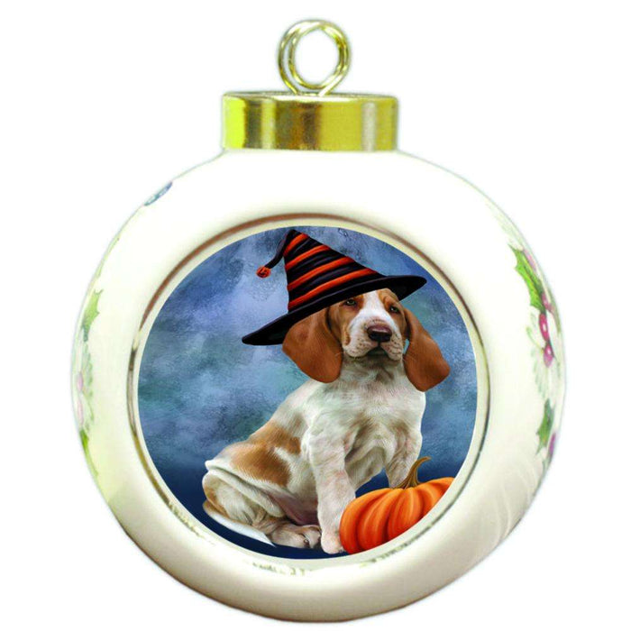Happy Halloween Bracco Dog Wearing Witch Hat with Pumpkin Round Ball Christmas Ornament RBPOR54995