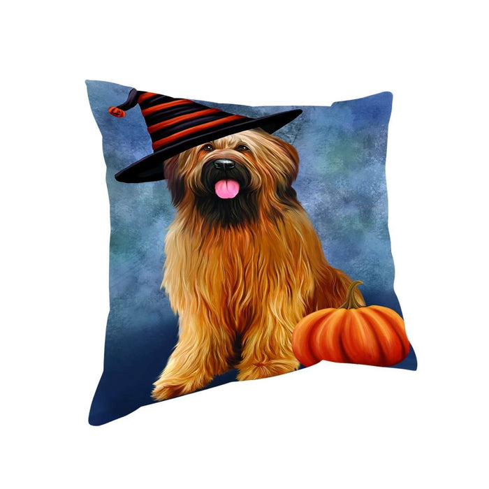 Happy Halloween Briards Dog Wearing Witch Hat with Pumpkin Throw Pillow