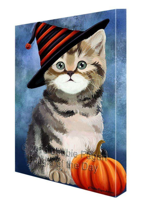 Happy Halloween British Shorthair Cat Wearing Witch Hat with Pumpkin Canvas Wall Art